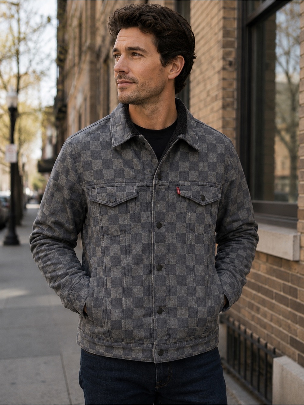 LEVI’S Men’s Gray Checkered Retro Casual Trucker Jacket Fleece Lined EUC Sz Med